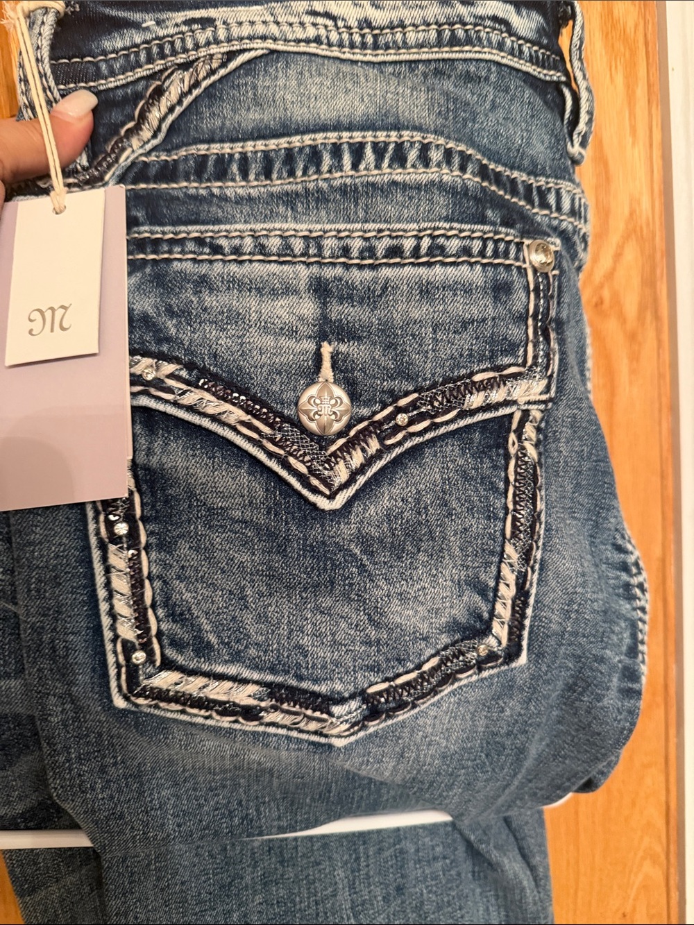 Miss Me Womens Distressed Blue Denim Jeans with Embroidered Pocket - Picture 4 of 10